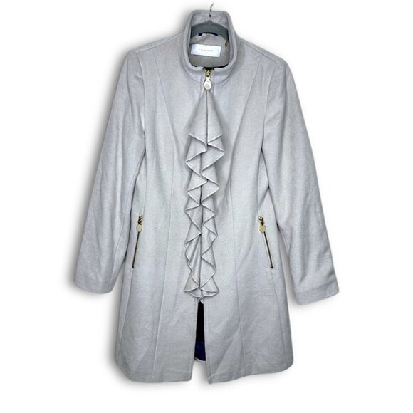 T TAHARI Light Gray Wool Blend Victorian Ruffle Front Mock Neck Pea Coat Size 12 - Picture 1 of 16